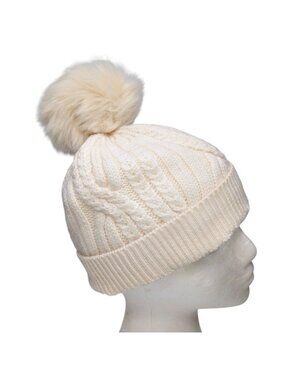 Club Monaco Wool Beanie Womens Cream Faux Fur Pom Cable Knit One Size